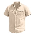thumbnail image 4 of Men's Button Down Short Sleeve Shirt Casual Cotton Linen Summer Beach Hiking Shirts with Double Work Pocket Size 3XL Beige, 4 of 9