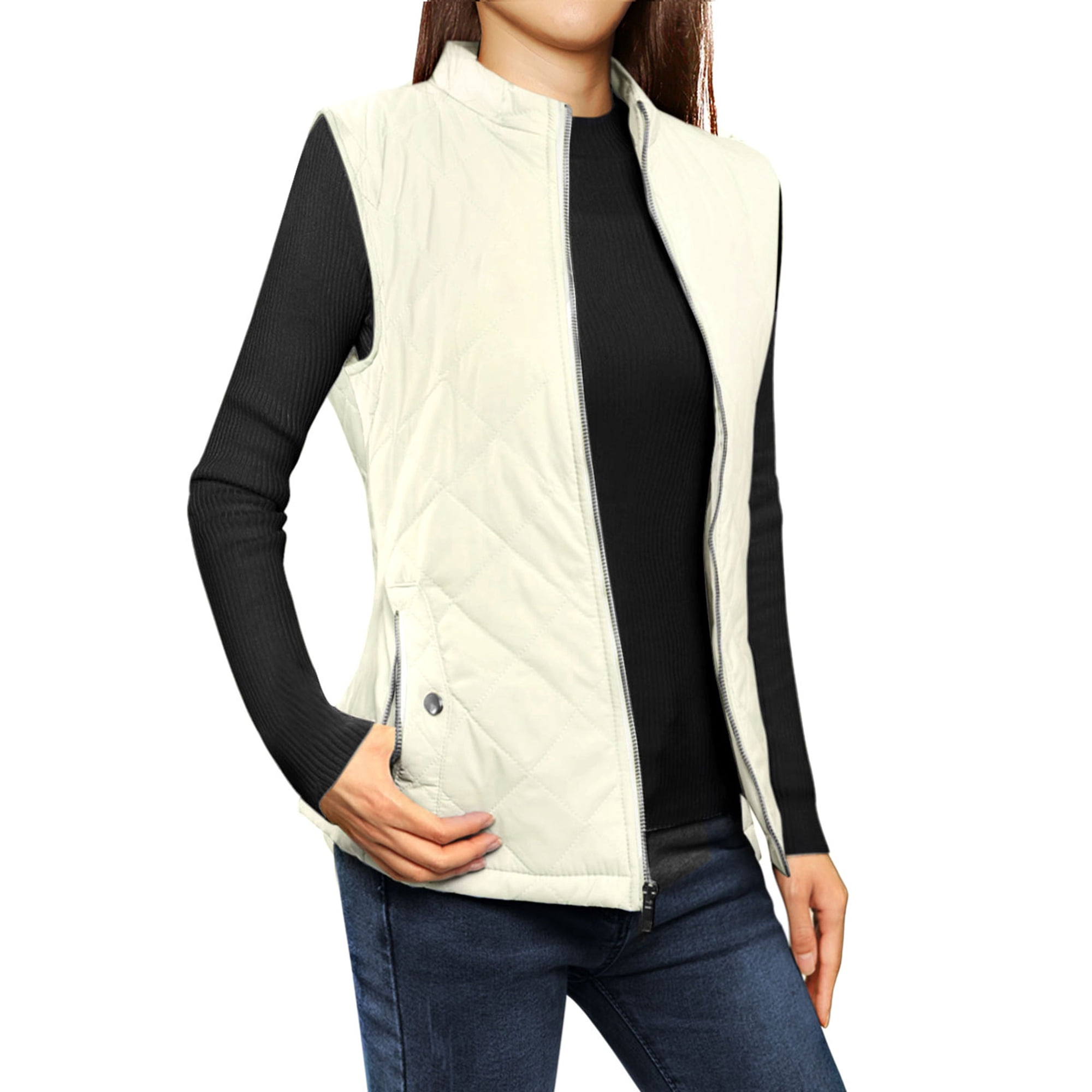 Unique Bargains Women s Stand Collar Lightweight Gilet Quilted Zip Vest Ivory XS Walmart