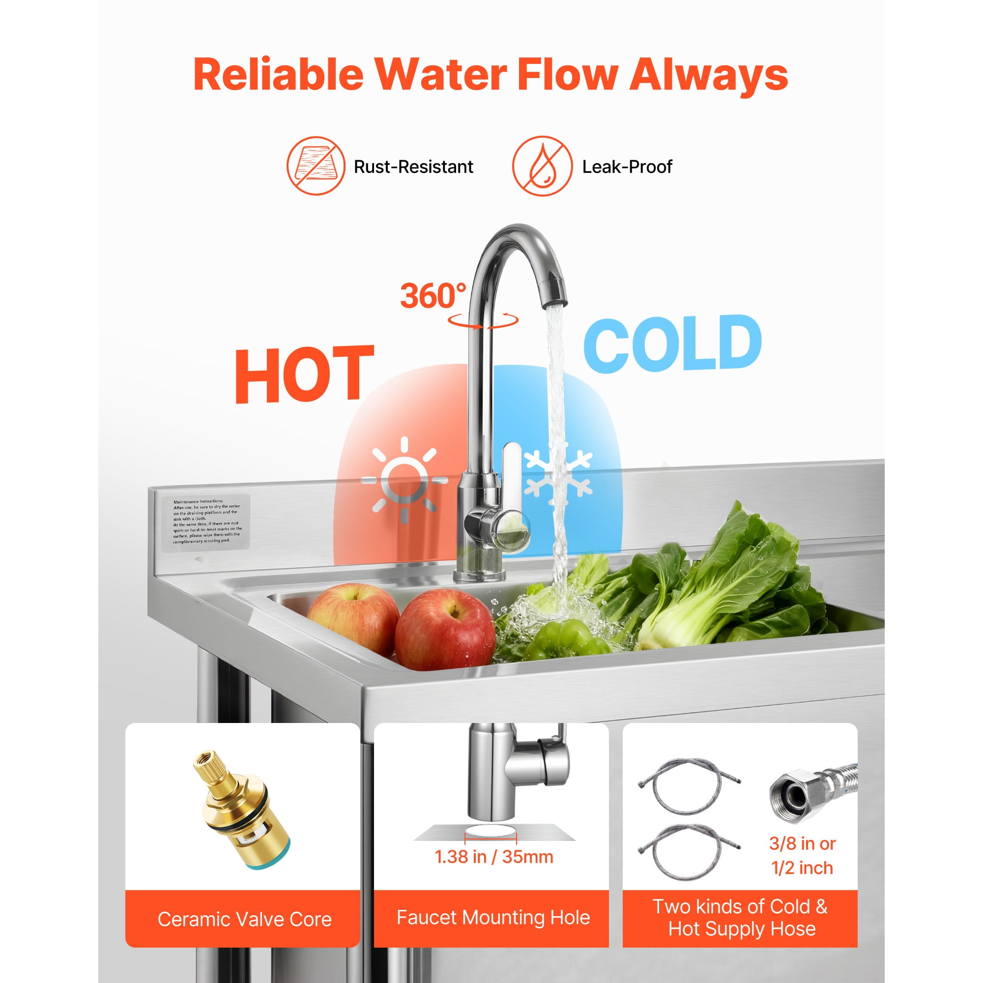KFFKFF Stainless Steel Utility Sink, Free-Standing Single Bowl Commercial Kitchen Sink, 39.4" x 19.7" x 37", SUS201 Stainless Steel, Black, 1 Unit