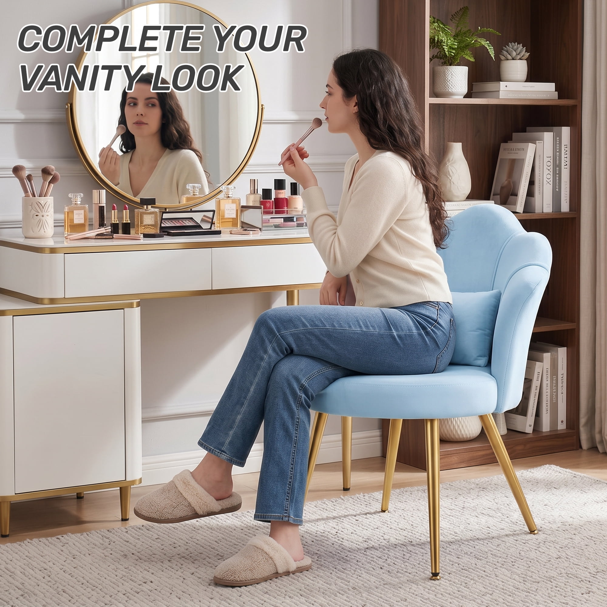COOLHUT Petal Velvet Vanity Chair, Flower Cute Girls Mack Up Vanity Stool Chair with Lumber Pillow and Adustable Gold Legs, Upholstered Small Desk Chair for Living Room Bedroom Home Office, Blue