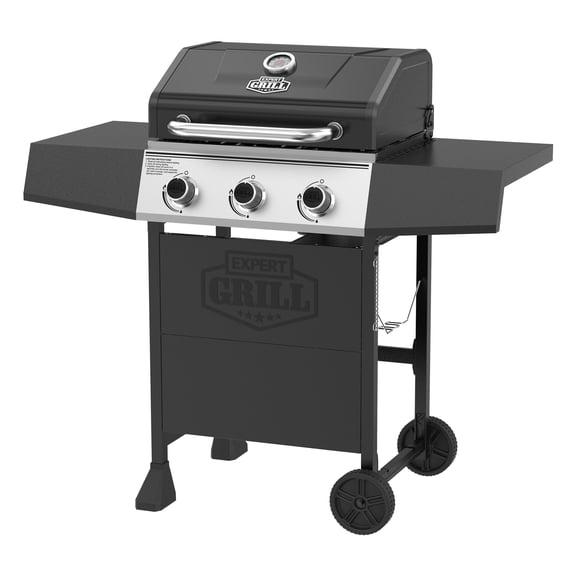 Expert Grill Gas Grill, 3-Burner Propane Gas Grill with Side Table and Wheels, Black