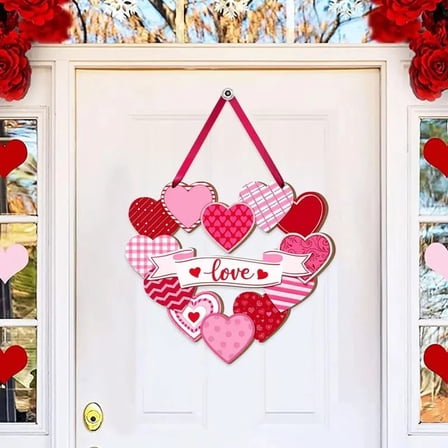 Janrevotw Valentine's Day Heart Door Sign Wall Decor, Wooden Door Hanger Wreath for Valentines Day Decorations Indoor Outdoor Party Supplies