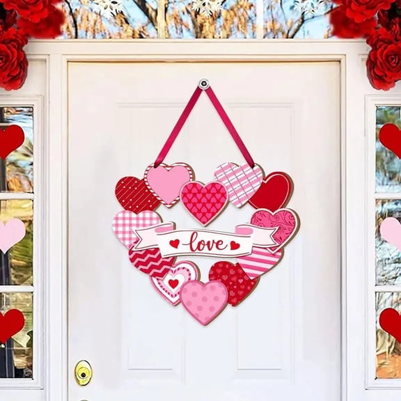 Janrevotw Valentine's Day Heart Door Sign Wall Decor, Wooden Door Hanger Wreath for Valentines Day Decorations Indoor Outdoor Party Supplies
