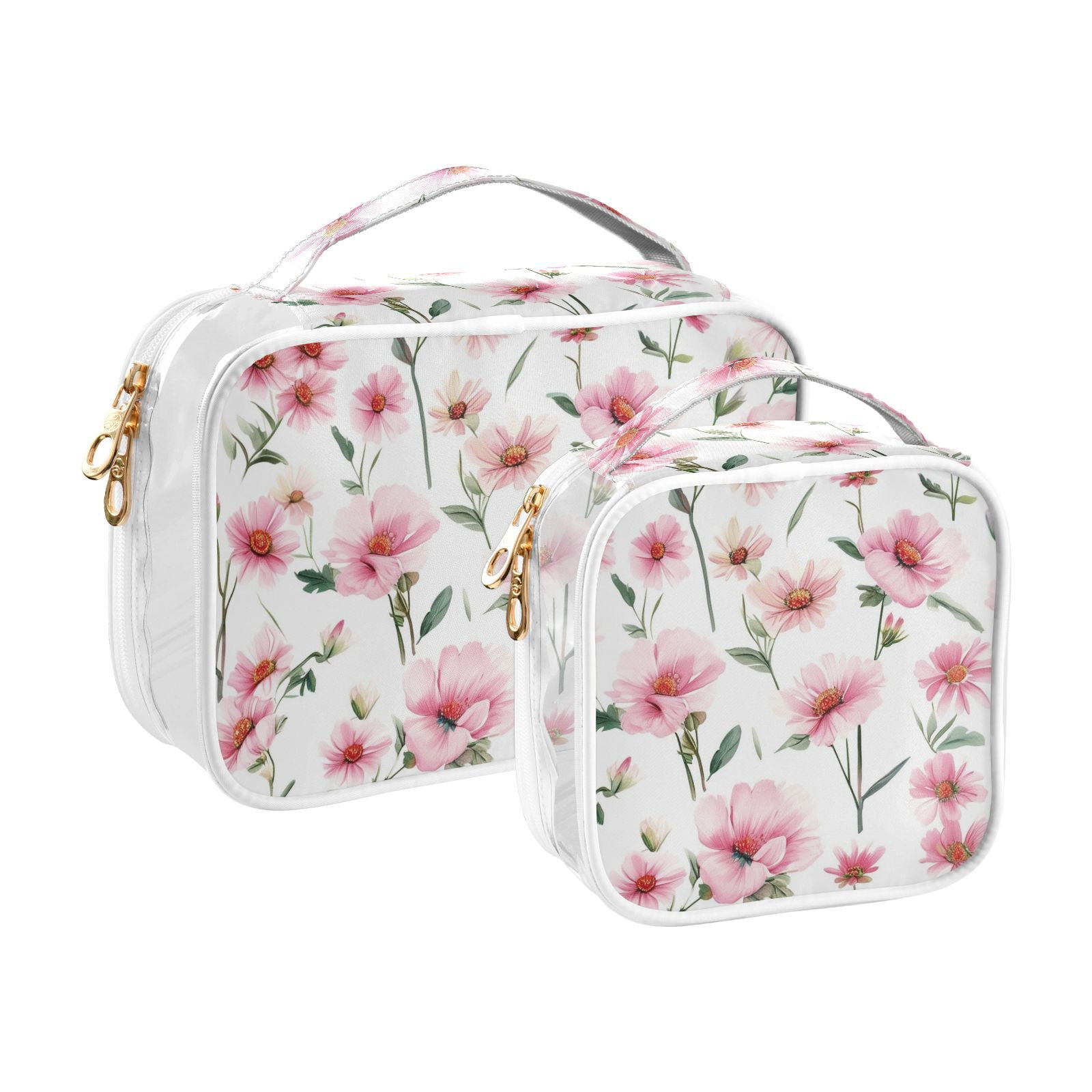 Clear Makeup Bags with Handle Large Opening 2 Pack Set Toiletry Bag Quart Size Bag, for Women Man Traveling Travel Essentials, Toiletries and Other. Pink Daisy