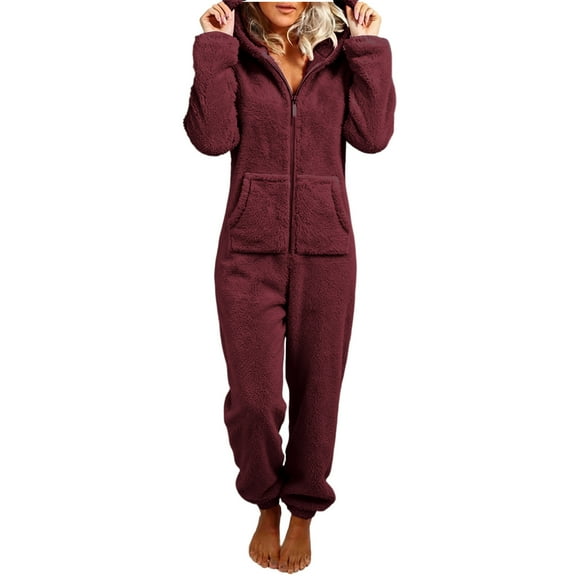 RQYYD Fleece Onesie Pajamas for Women Fuzzy Sherpa Hooded Romper One Piece Winter Sleepwear Flannel Pajama Jumpsuit