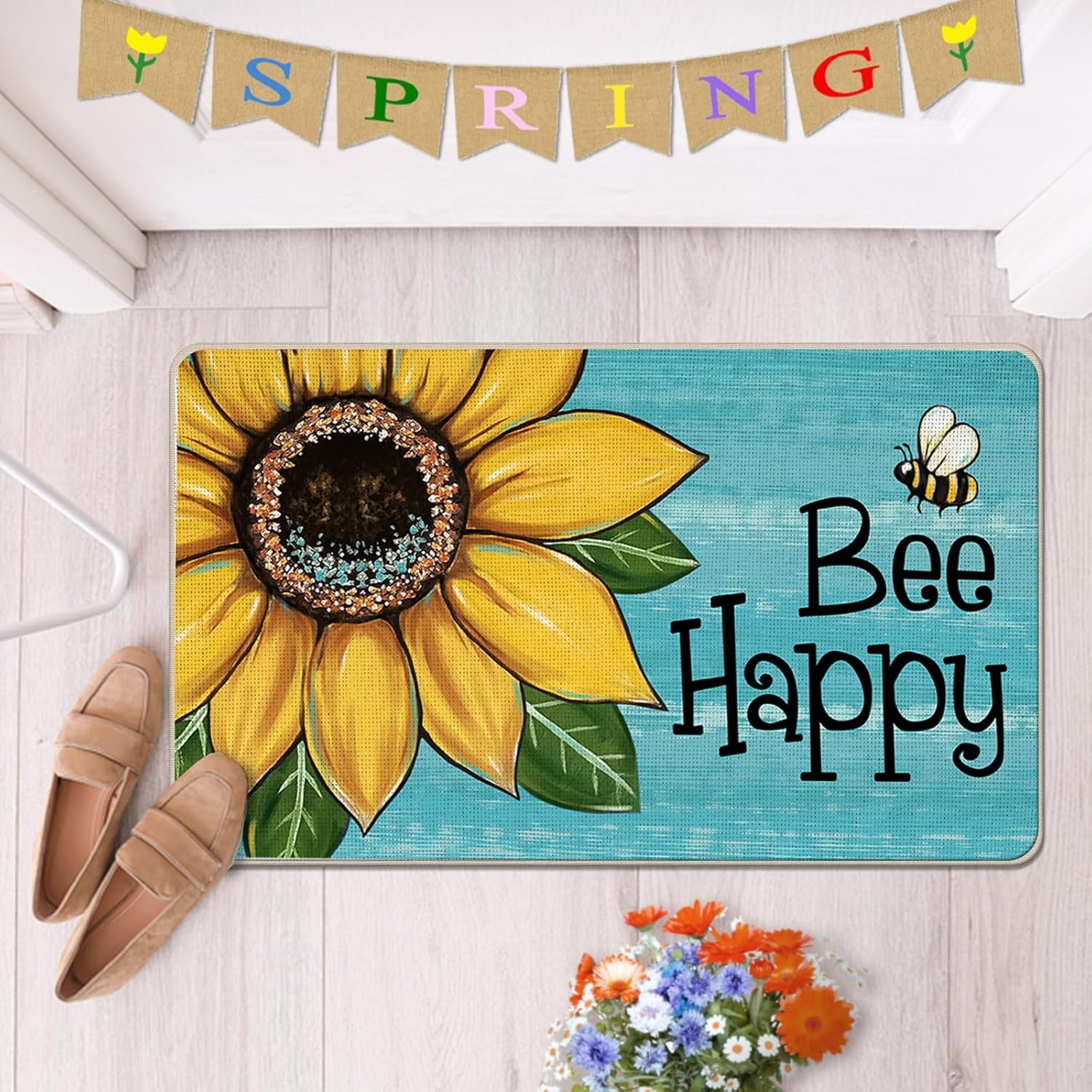Spring Summer Sunflower Decorative Front Door Mat, Bee Happy Floral Blue Doormat Indoor Outdoor Non-Slip Floor Entryway Rug, Seasonal Home Kitchen Decoration 17x29 Inch