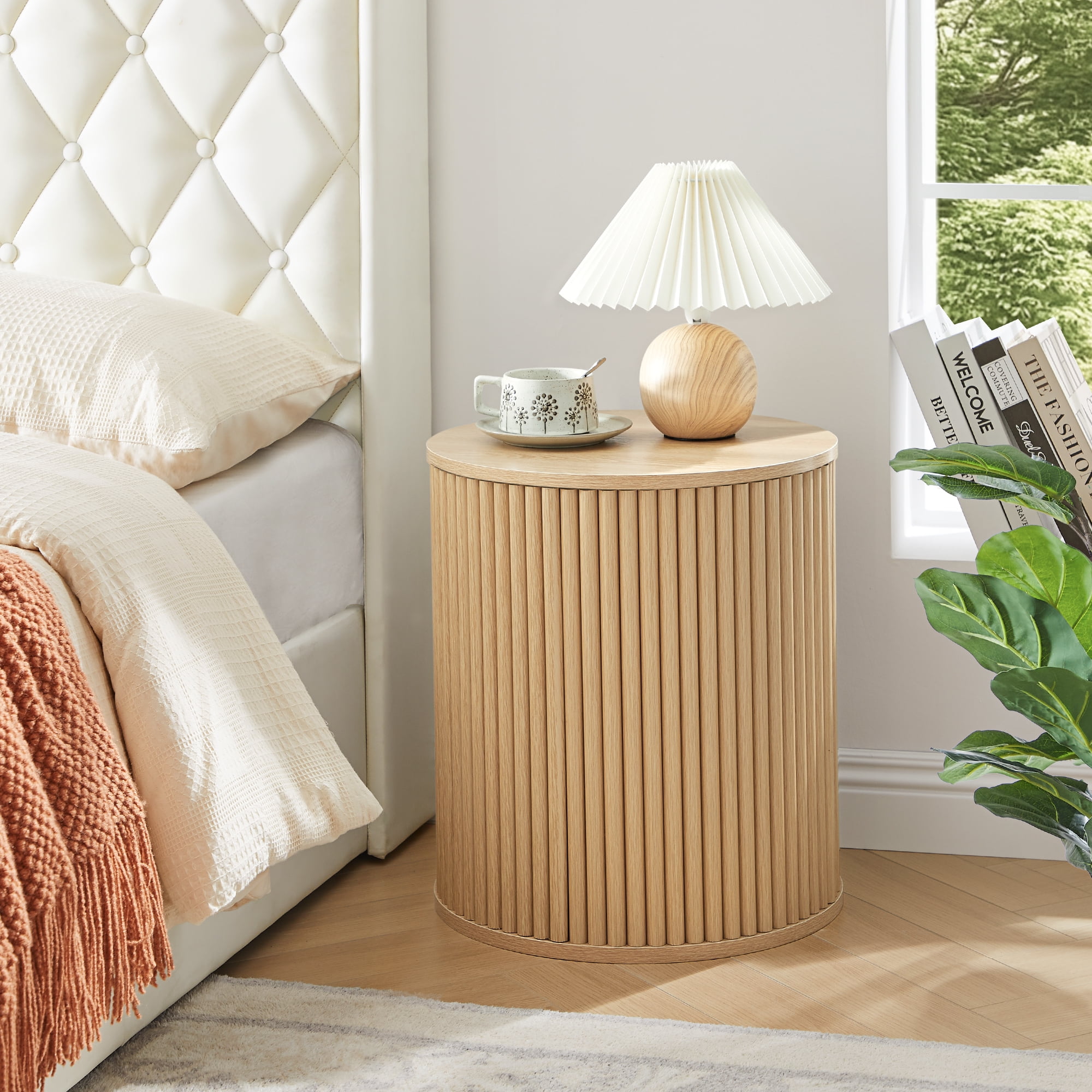 Wirrytor Round Side Table for living room, Fluted End Table for Small Spaces, Mid Century Modern Small Accent Tables, Bedside Table, Couch Side Table, Nightstand for Bedroom Couch,Oak