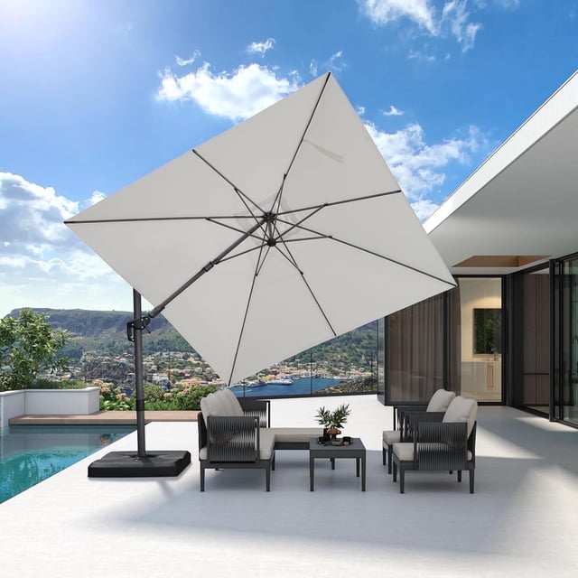 PURPLE LEAF Parasol Déporté 10 X 10 Pi Inclinable Gauche-Droite Pivotant Carré pour Terrasse Extérieure Grand Parasol Déporté en Aluminium avec Rotation à 360° Parasol de Piscine Ajustable, Blanc