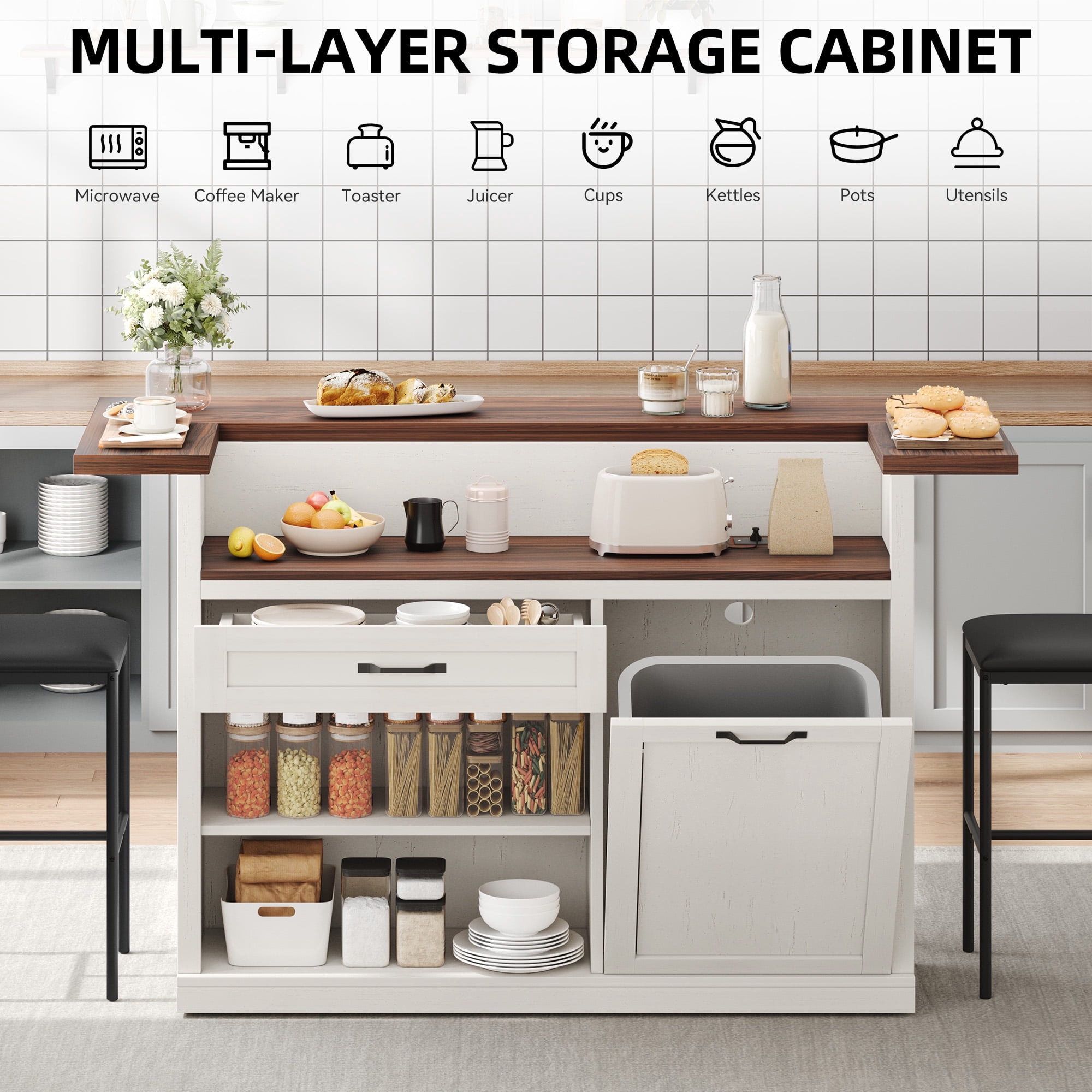 Homiflex 55" Kitchen Island with Storage, Lrage Rolling Island Cart with Drop Leaf, Walnut