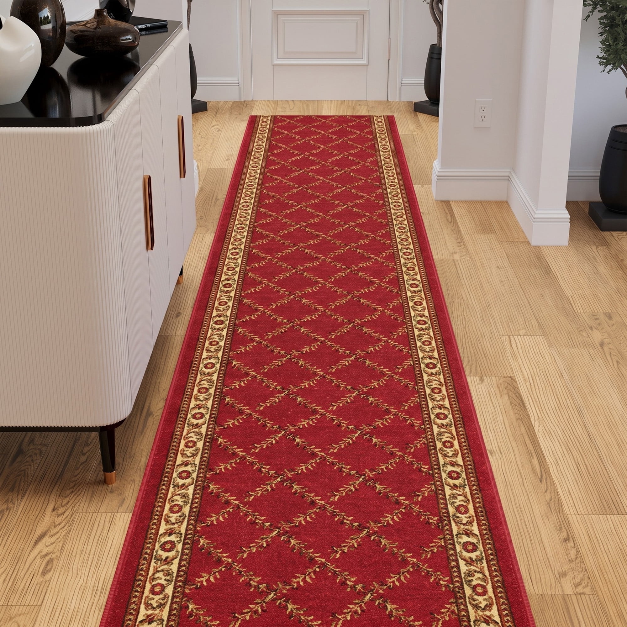 Ottomanson Extra Long Runner Rug 2'7" x 15' – Non-Slip Low Pile Hallway Carpet, Trellis Burgundy Red