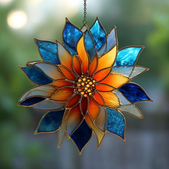 2D Blue & Orange Dahlia Stained Glass Suncatcher, Floral Window Hanging Decor, Handmade Sunflower Art, Bright Garden Gift for Flower Lovers