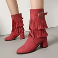 thumbnail image 2 of Tassel Mid Calf Dress Boots for Women 2025 Buckle Fringed Boho Side Zipper Chunky High Heel Short Boots, 2 of 6