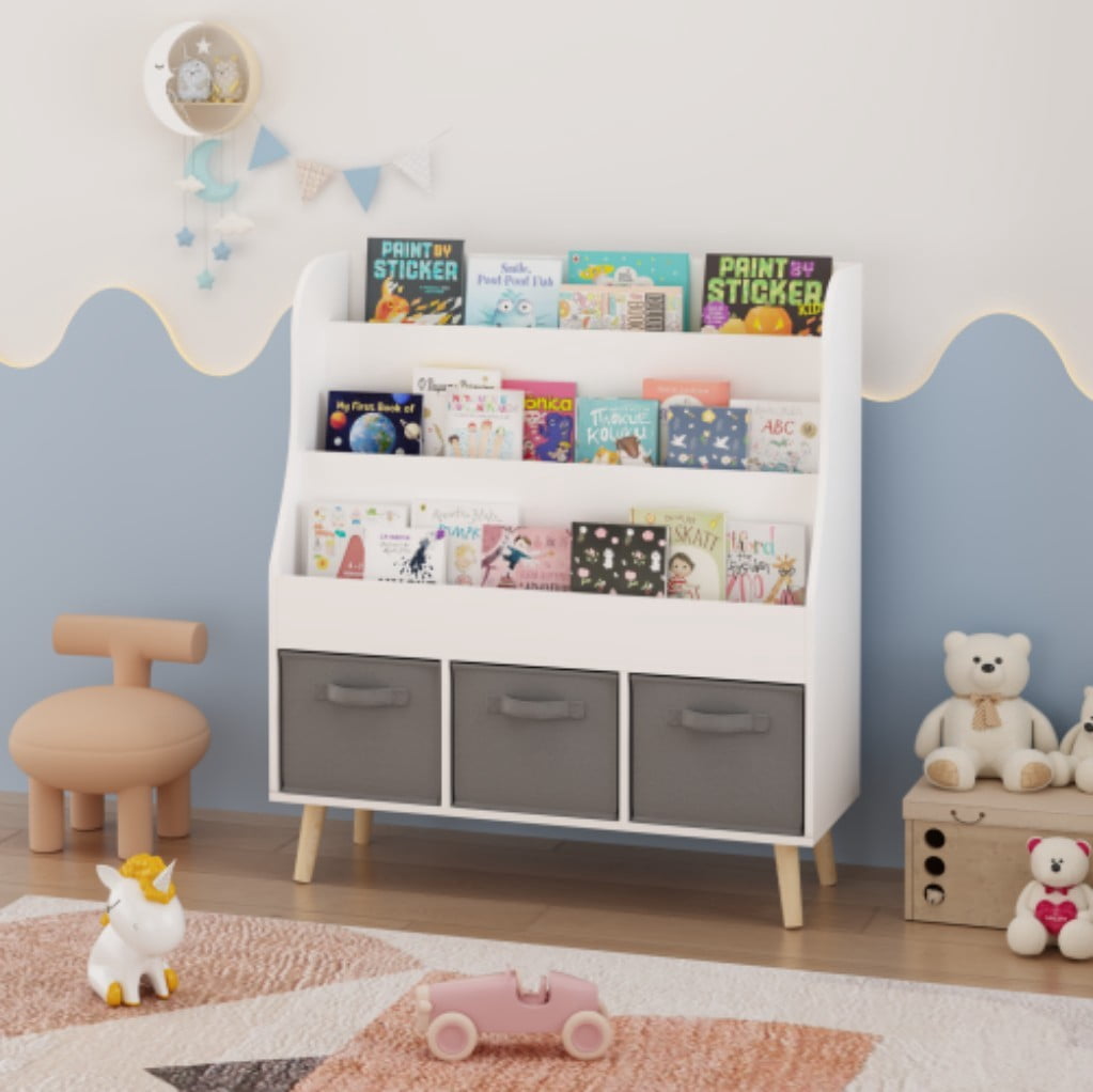 Kids Bookshelf with 3 Fabric Storage Bins, 3-Tier Front-Facing Book Display Organizer with Pine Legs, Wooden Book Rack for Toddlers, Nursery, Playroom & Bedroom, White