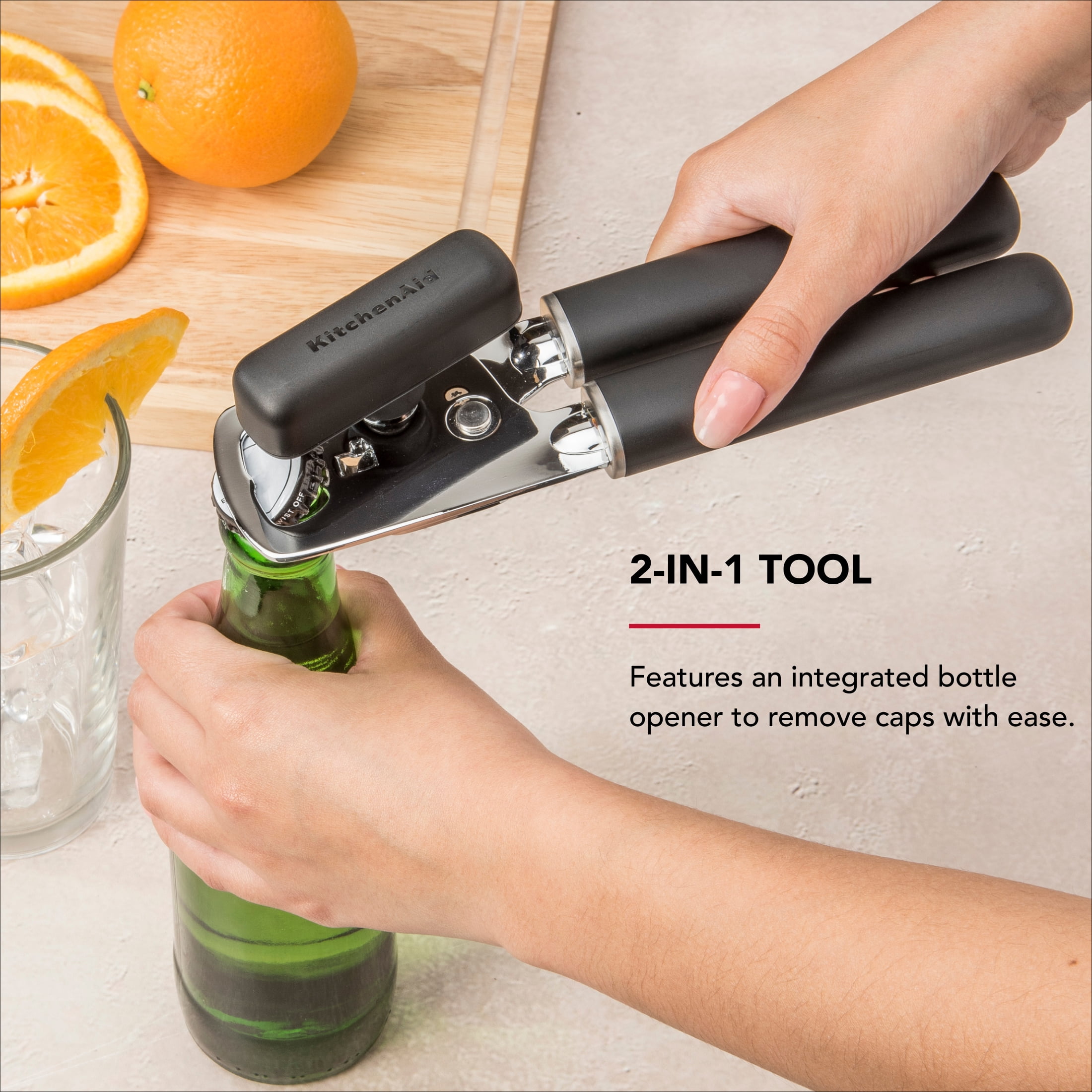 KitchenAid Stainless Steel Manual Can Opener with Bottle Opener and Ergonomic Grip, Black