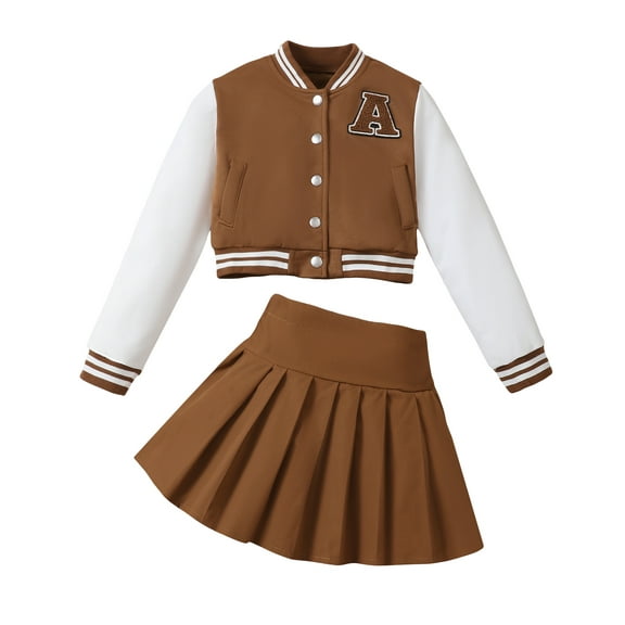 Kucnuzki 9 Years Big Girls Outfit Sets 10 Years Youth Girl Skirt Set Long Sleeves Baseball Jacket Color Block Letter Embroidery Coat School Uniform Pleated Skirt 2pcs Warm Clothing Brown