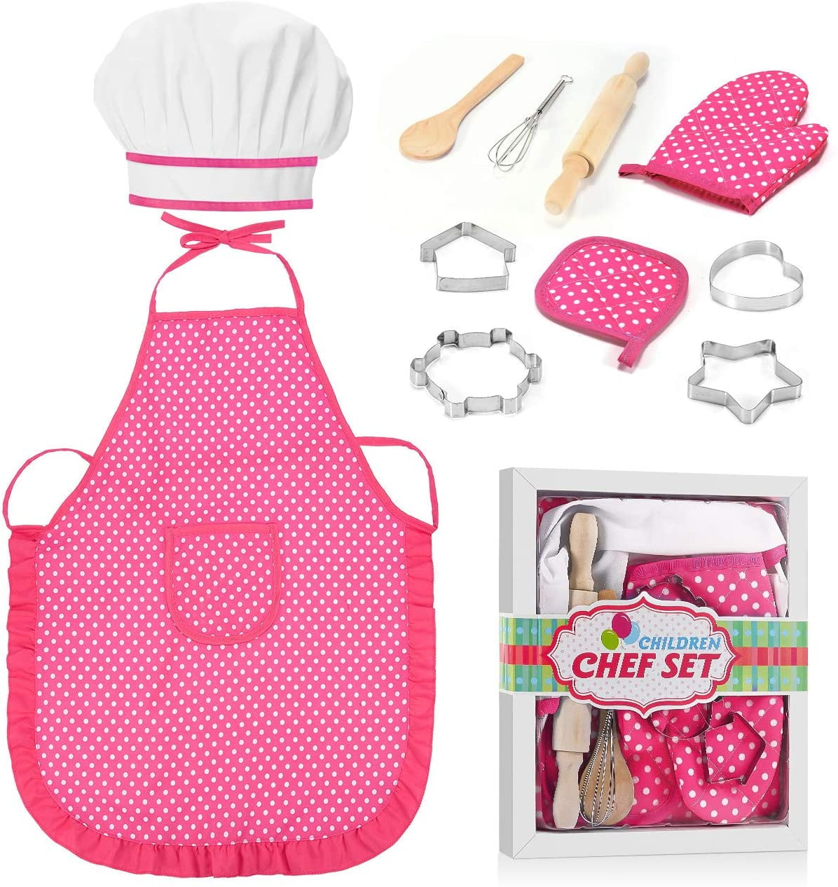 Complete Kids Cooking & Baking set-11 Pcs-Apron for little girl Chef Hat costume 