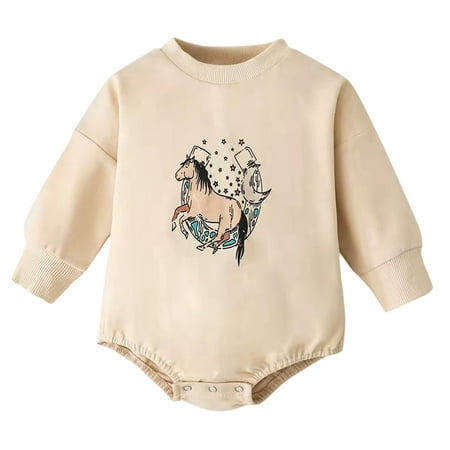 

Baby Bodysuit 9 Months Western Baby Girl Boy Clothes Sweatshirt Romper Cartoon Horse Printed Bodysuit Long Sleeve Onesie Outfits