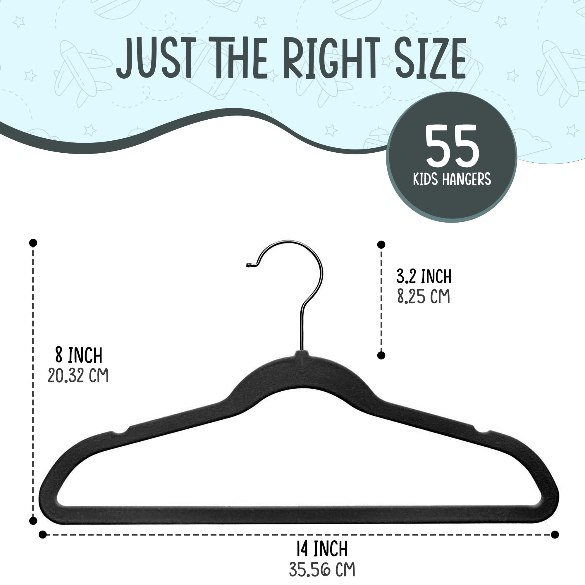 Techzoo Premium Kids Velvet Hangers 55 Pack – 14" Non Slip Felt Cloth Hangers for Closet – Ultra Slim, Space Saving Kids Clothes Hangers with 360° Swivel Hook, Toddler Children Kids Hangers – Black