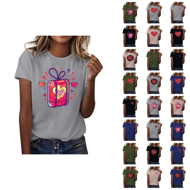 T-shirts de la Saint-Valentin pour Femmes 2026 à Manches Courtes Col Rond avec Cœur Graphique
