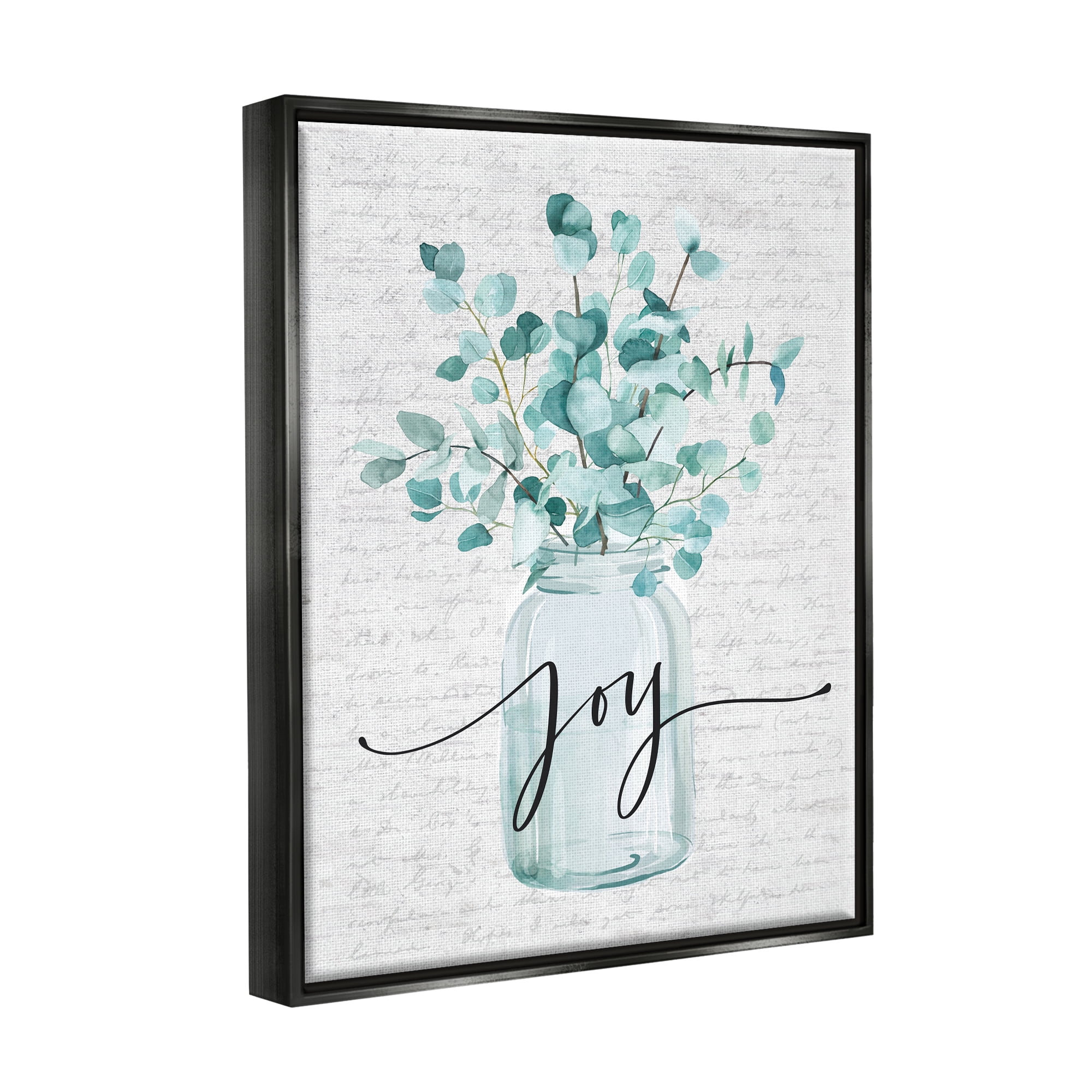 Stupell Industries Aqua Blue Plant Leaves In Jar Joy Text Design Jet Black Framed Floating Canvas Wall Art, 24x30, by Lettered and Lined