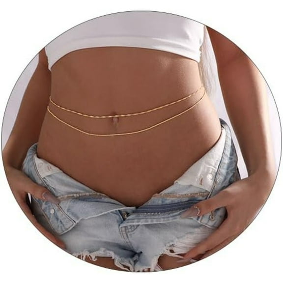 2PCS Stackable Gold Waist Chains, 18K Gold Plated Adjustable Belly Chain (26.5-33Inch), Layered Body Jewelry for Beach Party & Festival