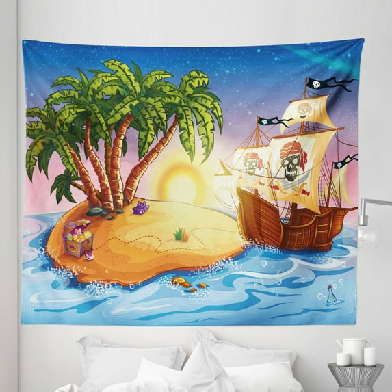 Pirate Ship Tapestry, Ghost Ship on Exotic Sea near Treasure Island with Palm Trees and Open Chest, Fabric Wall Hanging Decor for Bedroom Living Room Dorm, 5 Sizes, Multicolor, by Ambesonne