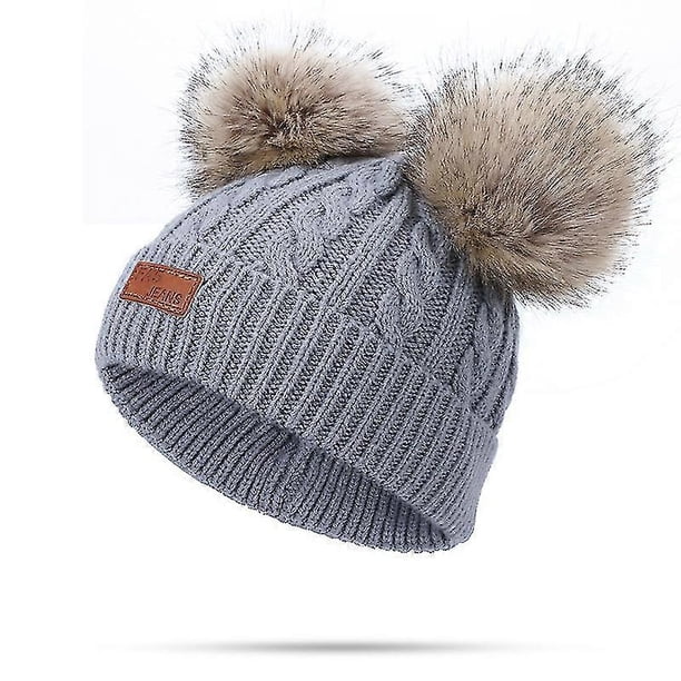 Gorro de lana para niño pequeño, gorro de punto con doble pompón y giro invernal, color rosa