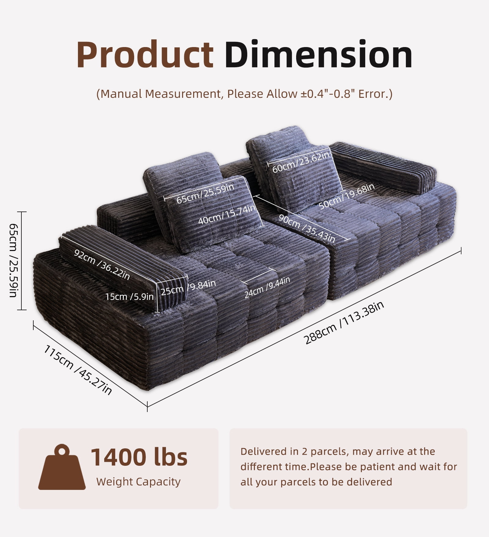 Garaneeds 113" Gray Modular Sectional Sofa for Living Room - Boneless Cloud Couch, No Assembly Required