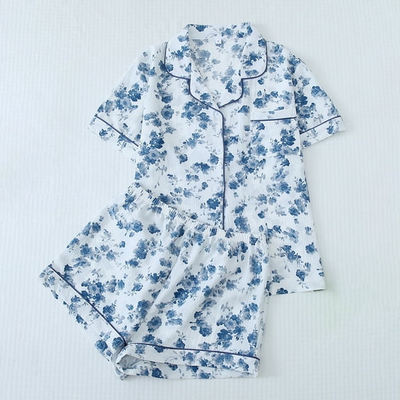 LxrBlank Pajamas for Women Set Short Sleeve Button down Shirts with Shorts Pj Sets Floral Print Soft Comfy Casual Oversized 2 Piece Loungewear Blue L