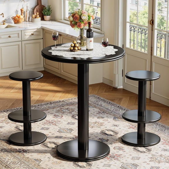 Tribesigns 39.4" H Modern Round Bistro Pub Table with 2 Barstools, Black Round Bar Table and Chairs Set, Wooden Counter Height Cocktail Table for Small Bars