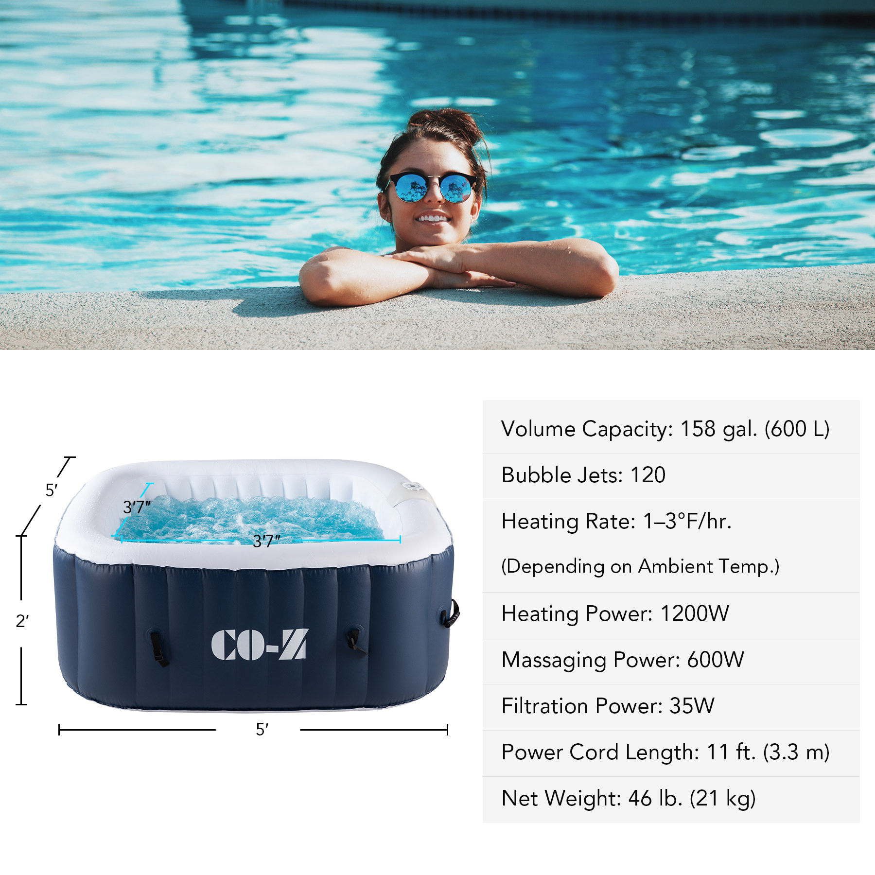 CO-Z 6x6ft PVC Round Inflatable Spa Tub w Heater & 120 Massaging Jets ...
