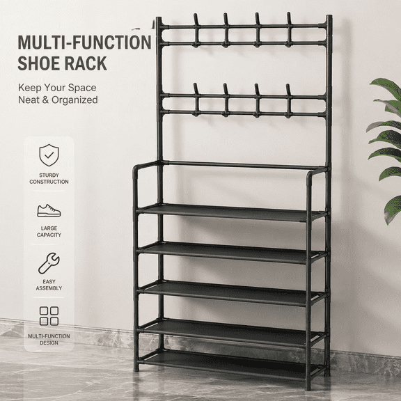 5-Tier Shoe Rack with Side Hooks, Freestanding Shoe Storage Organizer for Entryway, Closet, Bedroom & Hallway, Space-Saving Multi-Layer Shoe Shelf, Easy Assembly, Black