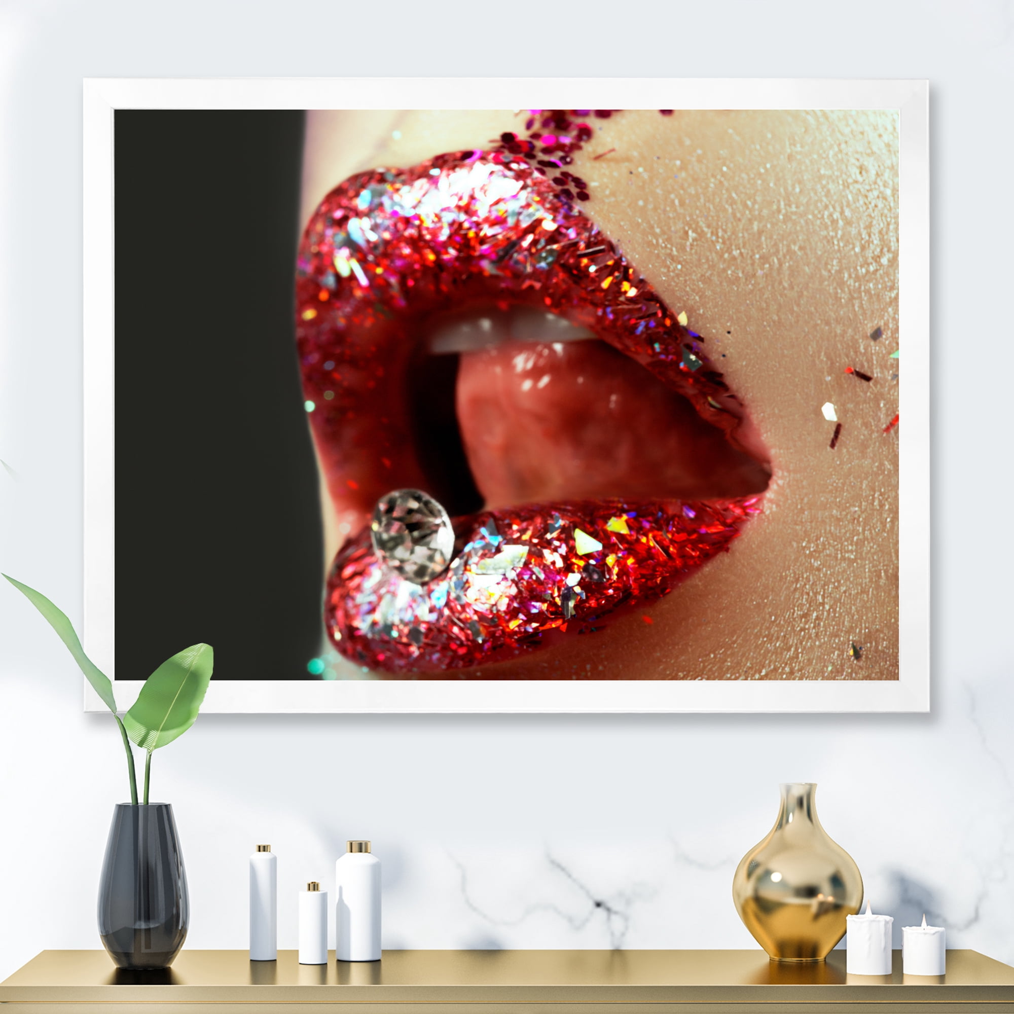 Designart 'Artistic Girl Lips Make-Up' Modern Framed Art Print