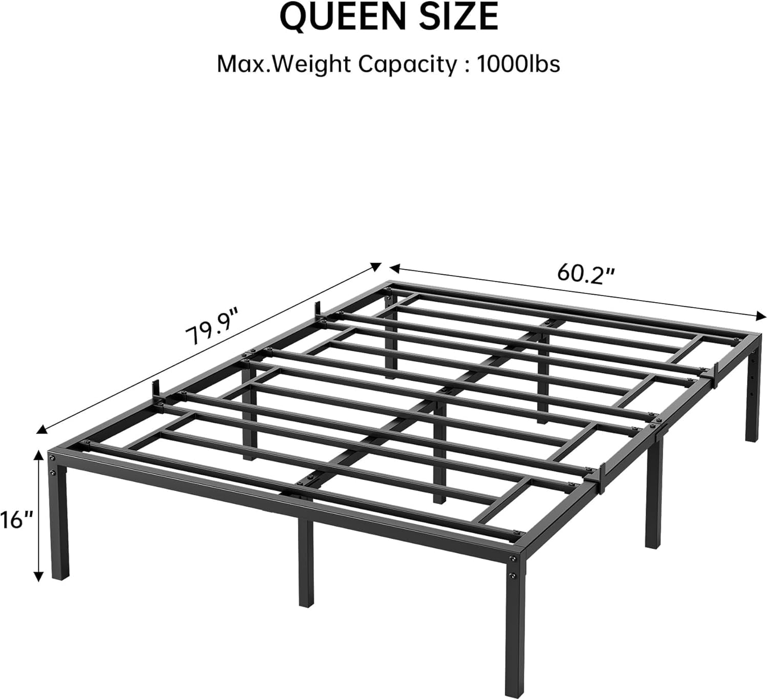 Quality Metal Bed Frame Platform – Queen Size, 16 Inch, Heavy Duty Steel Slats, Noise-Free, Non-Slip, Underbed Storage, 1000lbs Capacity, Easy Assembly, Black, Size: 16 INCH Queen