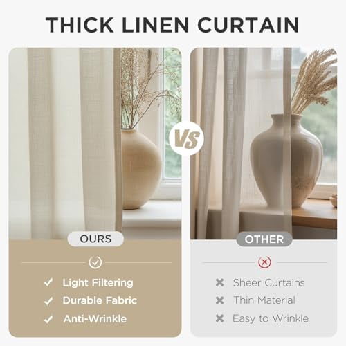 Light Filtering Linen Curtains 96 Inch Length 2 Panel Set for Living Room Bedroom, 52 Inch Wide Drapes with Rod Pocket and Back Tab, Ivory on Linen Fabric (96" L x 52" W)