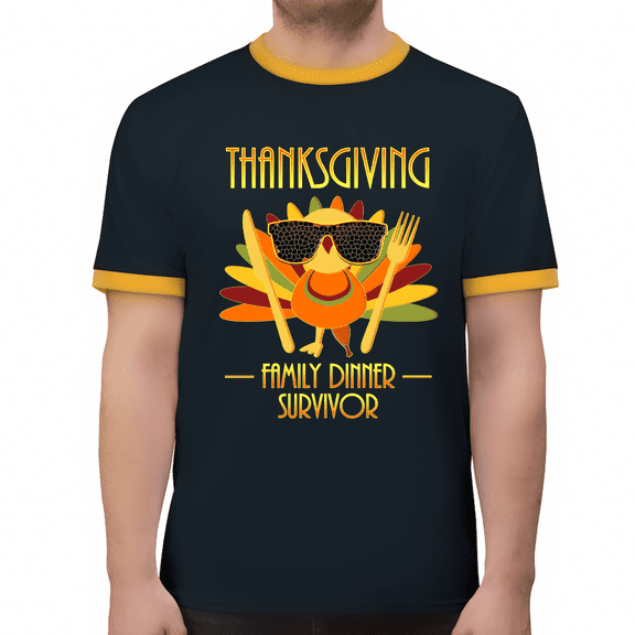 Funny Thanksgiving Shirts for Men Fall Shirts Navy Gold Turkey Shirt Regular Fit 100% Cotton Ringer Tee