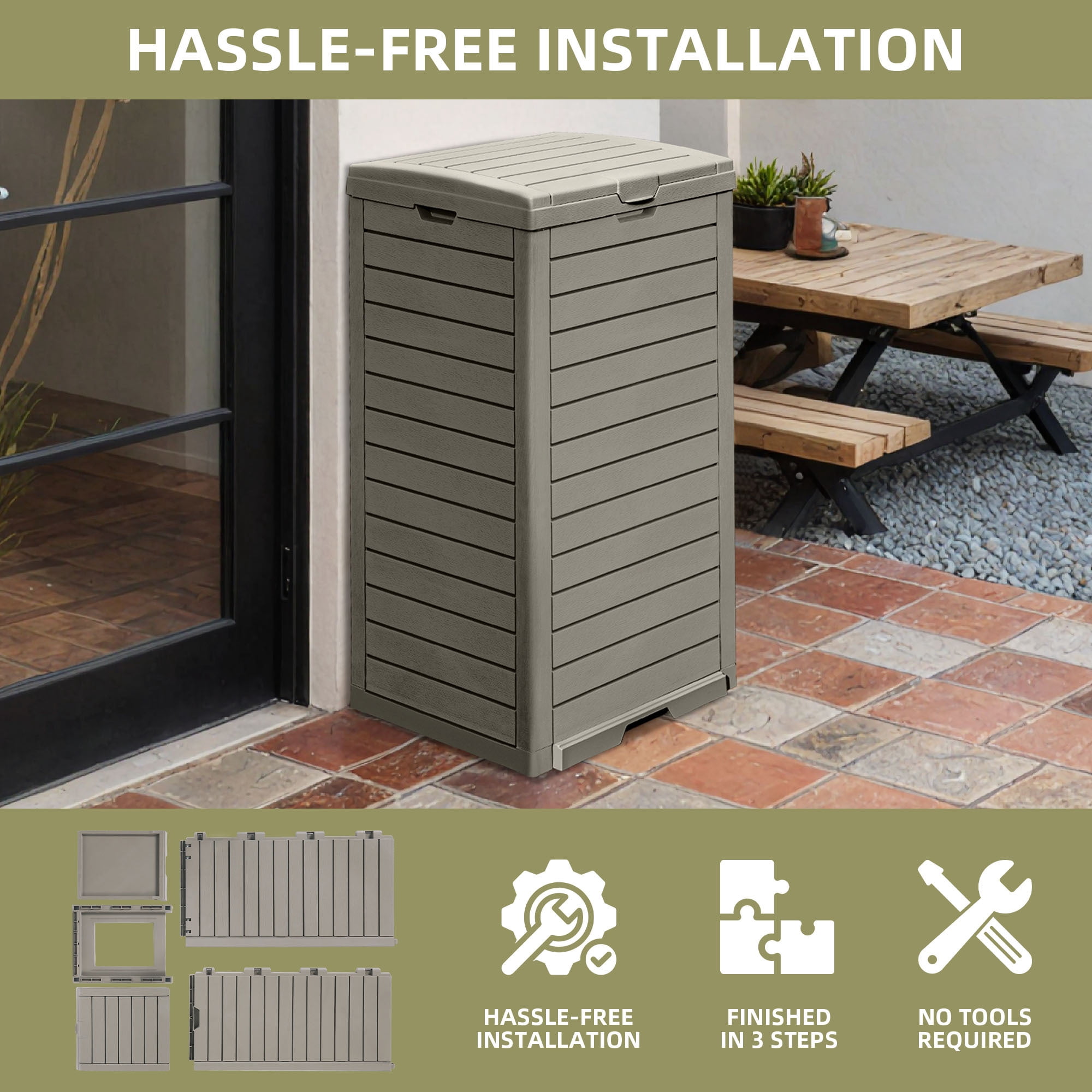 Uforic 31 Gallon Large Outdoor Trash Bin, Waterproof Resin Garbage Can with Lid & Drip Tray, Light Brown Waste Container for Porch & Backyard
