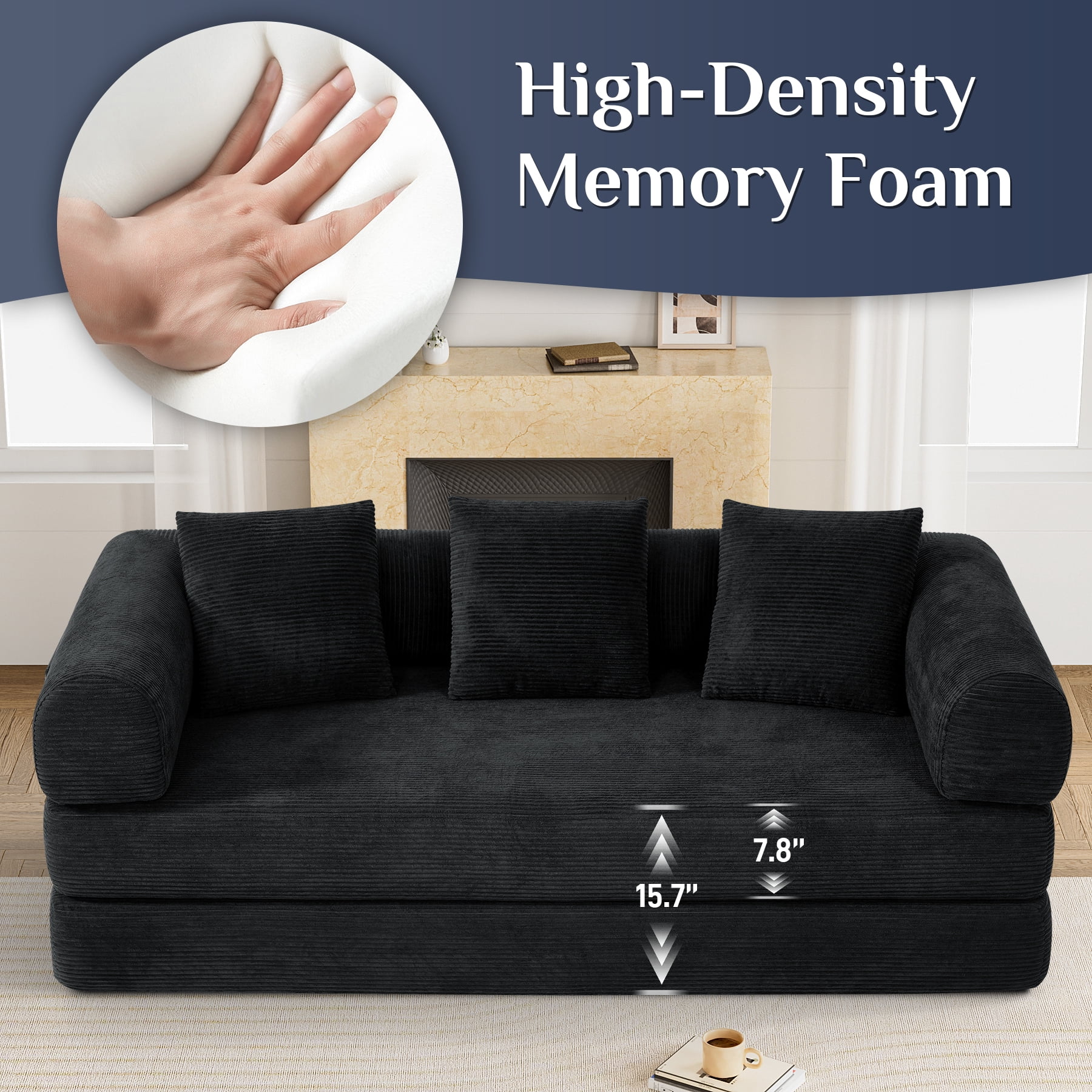 Wiilayok Convertible Sleeper Sofa Bed,Corduroy Modular Folding Mattress Couch with Fixed-Shape Frame,Comfy Futon Sofa Bed for Living Room, Bedroom(78.7",Black)