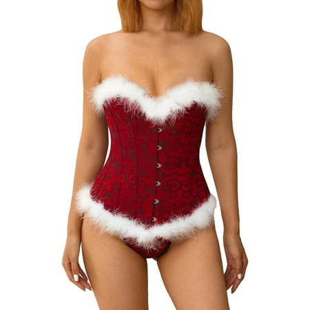 

Christmas Lingerie Corset Top for Women Feathers Front Buckle Corset Bustier Red Naughty Christmas Costumes