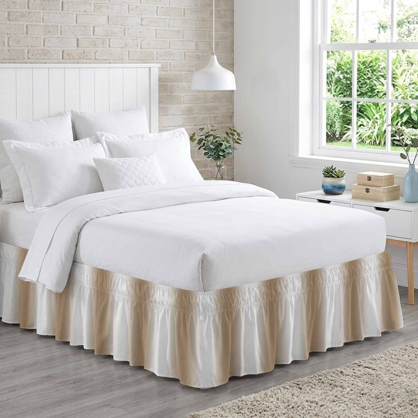 Khaki White Ombre Bed Skirt Cal King Size,Modern Abstract Art Farmhouse Gradient Wrap Around Bed Skirting with Adjustable Elastic Strap,Dust Ruffled Pleated Bedskirts 18 Inch Drop for Bedroom Beds