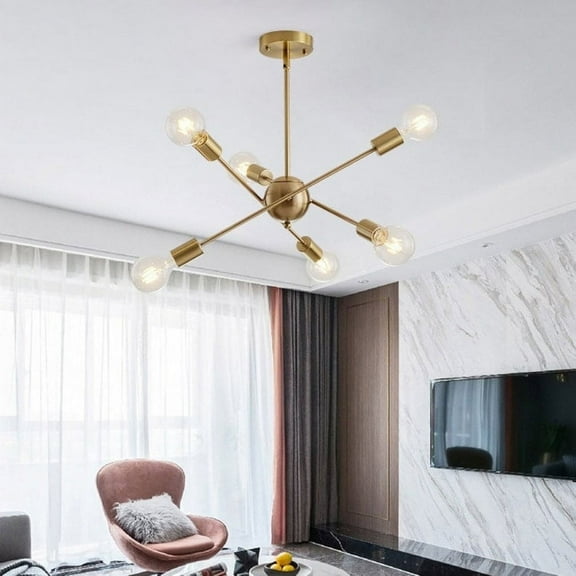 3 Lines Sputnik Modern Chandelier - 6 Lights Brushed Brass Lighting Fixture - Mid Century Ceiling Light - Black Living Room Indoor Decor