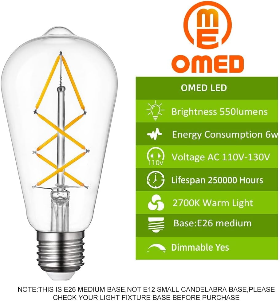 OMED Dimmable E26 LED Edison Bulb 60 watt, Clear Glass 2700k Soft White Vintage Light Bulbs, Cross LED Filament Retro Edison Bulbs for Ceiling Fan, Porch,Bathroom, Farmhouse Light Bulbs 6 Pack