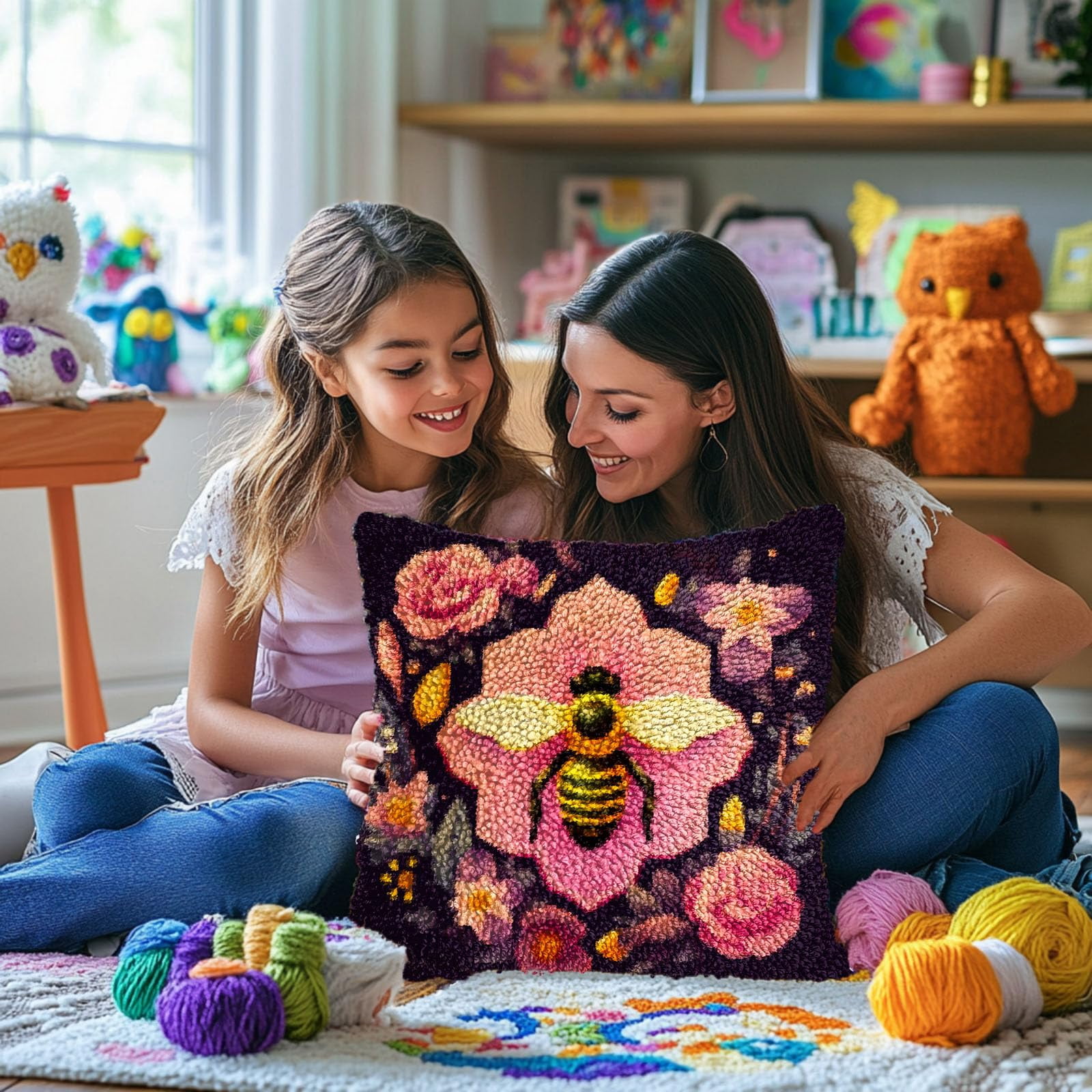 Cartoon Bee among Flowers DIY Latch Hook Pillow Kits for Adults Printed Pillowcase Crochet Yarns Hooking Handmade Pillow Cover Cushion for Home Sofa Decoration 17x17inch