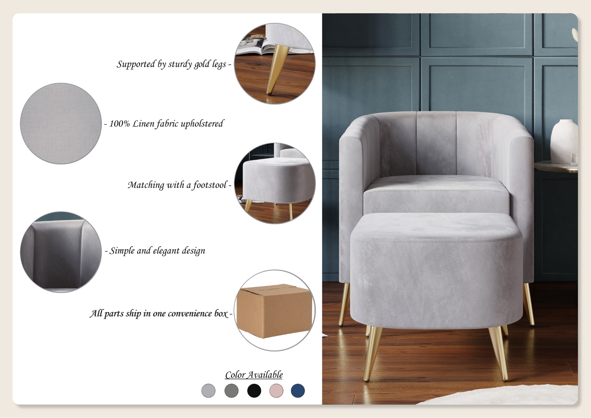 Castle Place Modern Upholstered Velvet Accent Chair with Stool, Silver Grey