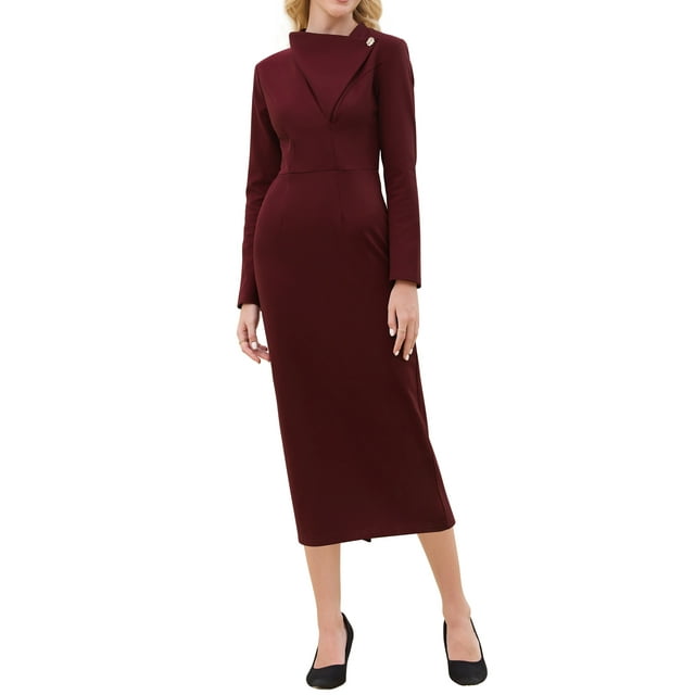 INSPIRE CHIC Vestido Lápiz Elegante para Mujeres con Solapa, Cuello en V, Manga Larga, Tendencia 2025, Vestidos de Trabajo hasta la Rodilla 2XL Rojo Oscuro