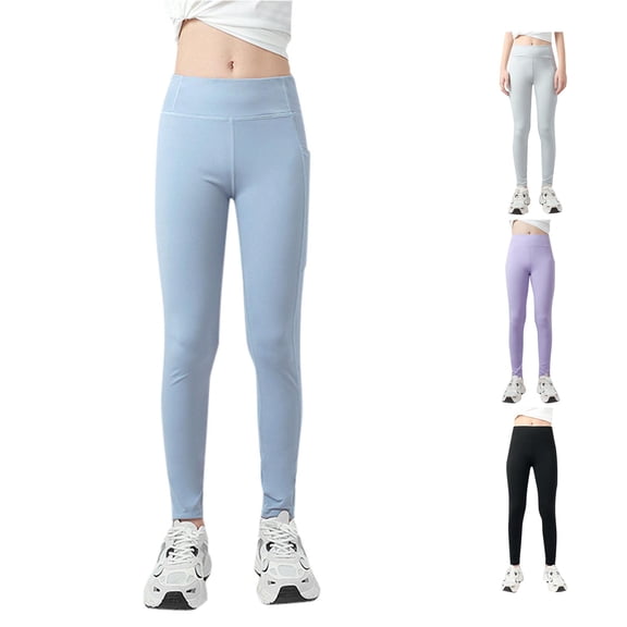 HNMKIU Girls Athletic Leggings Kids Dance Running Yoga Pants Workout Tights With Pockets Light Blue,5-6 Years