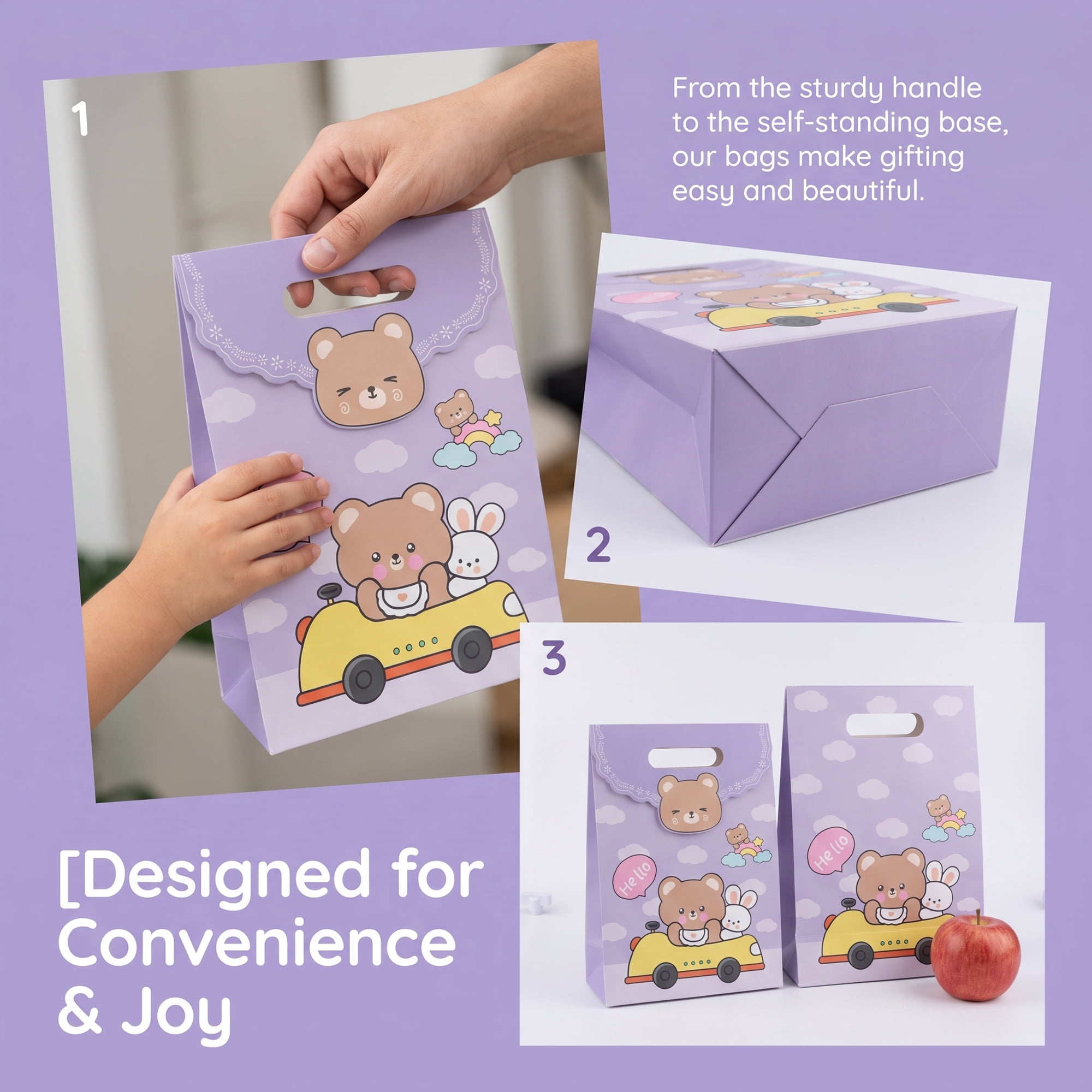 Unique Bargains Stylish Gift Bags with Comfortable Handles Purple Bear 7.5" x 3.5" x 10.6"