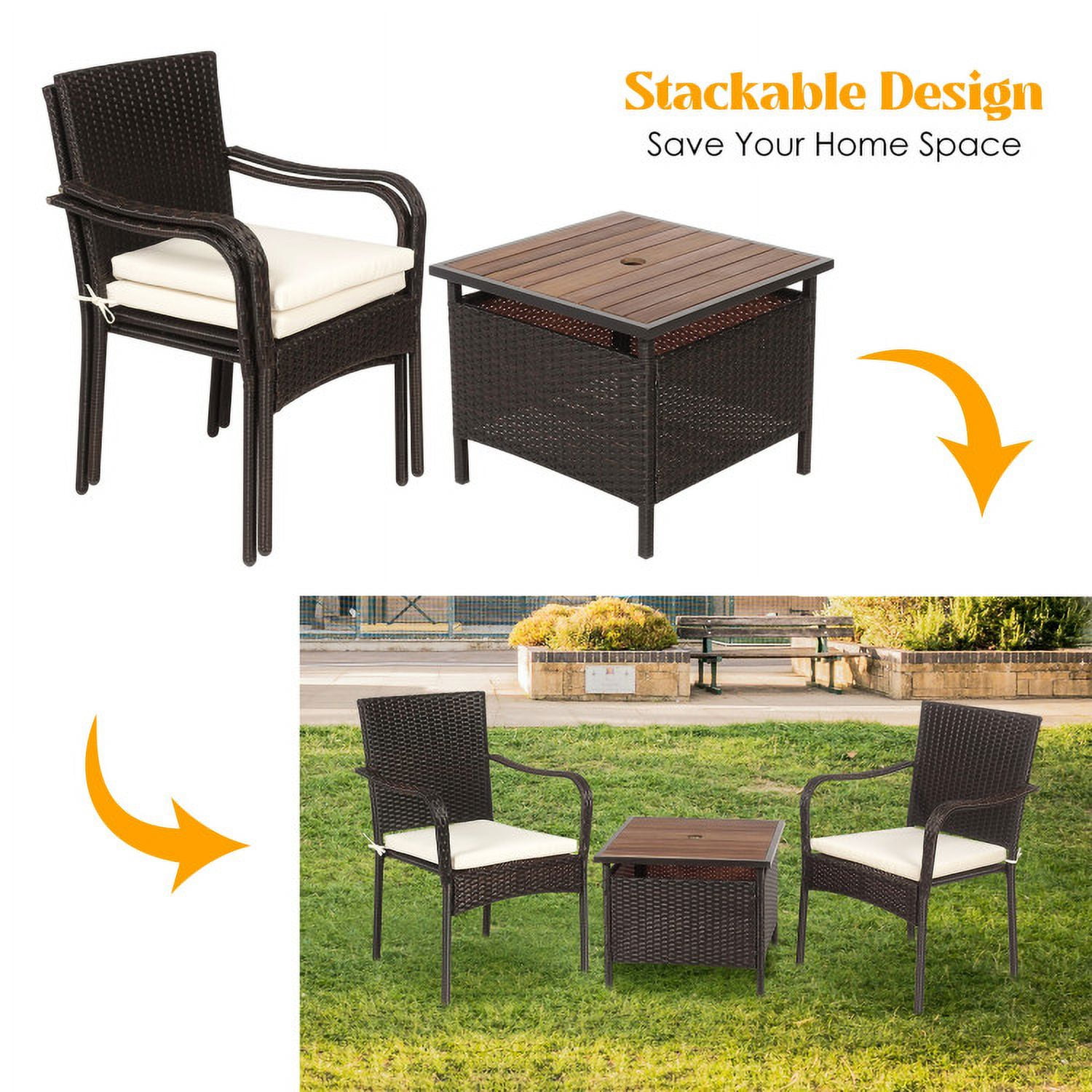 Aimee Lii 3 Pieces Patio Rattan Bistro Set with Wood Side Table and Stackable Chair, Outdoor Patio Furniture