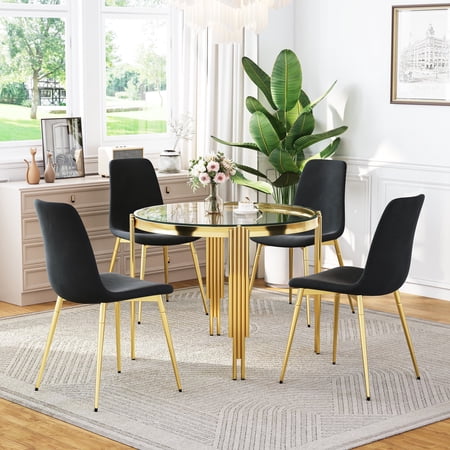 Modern Round Glass Dining Set for 4 Modern Irregular Stainless Steel Legs and Velvet Cushioned Chairs for Kitchens Living Rooms Small Bar