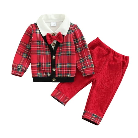 

Newborn Baby Boys 2Pcs Gentleman Suit Lapel Bow Knot Long-Sleeved Red Plaid Fake Two-Piece Shirt Tops + Trousers